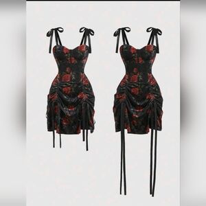 Red and Black Bodycon Mini Dress with Ruched Tie Front